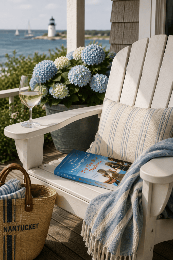 The Five-Star Weekend by Elin Hilderbrand resting on a white Adirondack chair on a Nantucket-inspired coastal porch with blue hydrangeas, a striped throw, white wine, and an ocean view.